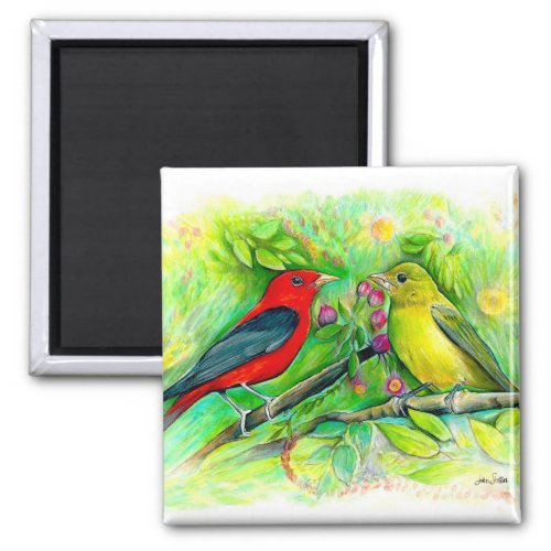 Beautiful Scarlet Tanagers Watercolor Painting Magnet