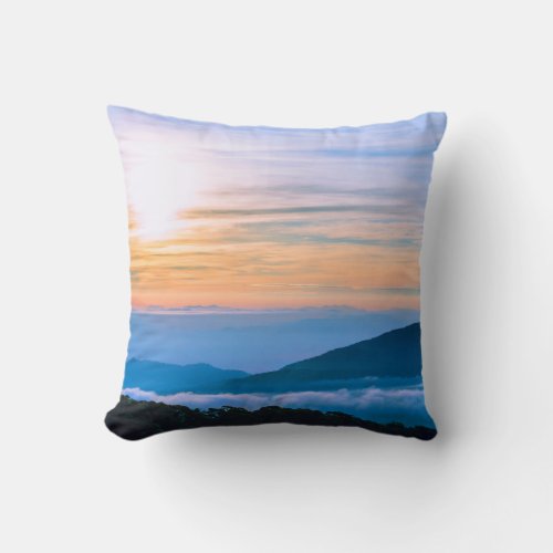 Beautiful Scene of Fog with Mountains Throw Pillow