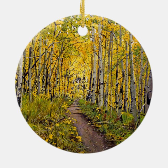 Beautiful Scenic Autumn Trail in Aspen Tree Grove Ceramic Ornament (Back)