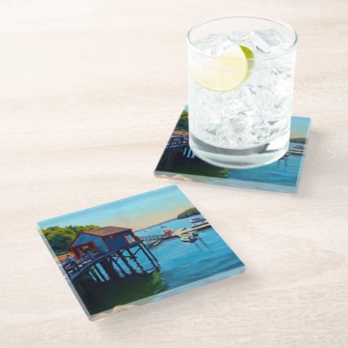 Beautiful Scenic Harbor with Boats  Glass Coaster