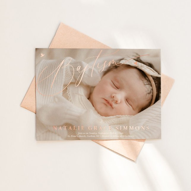 Beautiful Script Baptism  Foil Invitation (Elegant rose gold baptism invitation mockup shown with envelope in natural lighting)