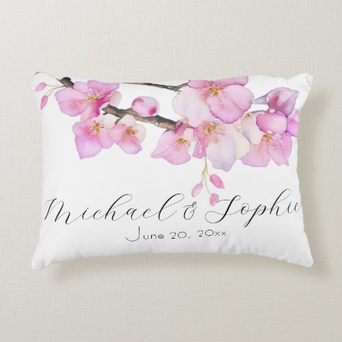 Beautiful script pink watercolor cherry blossoms  accent pillow