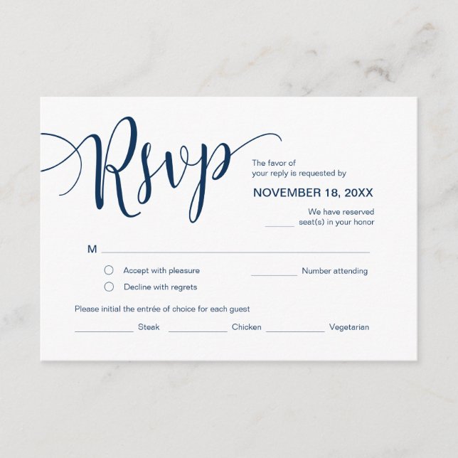 Beautiful Script, RSVP,  Navy Blue, Respond Enclosure Card (Front)