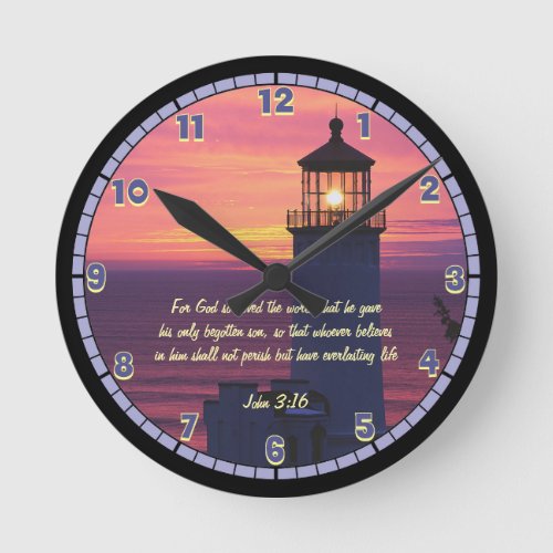 Beautiful Scripture John 316 Custom Lighthouse La Round Clock