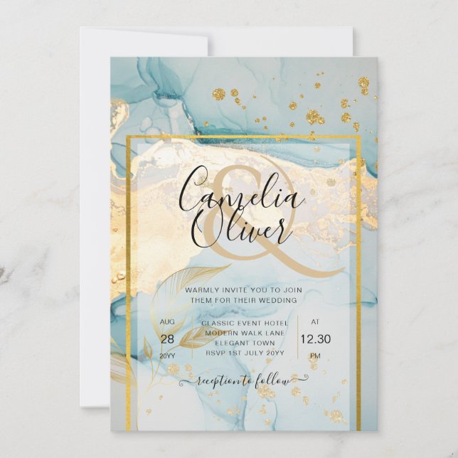 Beautiful Sea Glass Gold Wedding Invite Turquoise  (Front)
