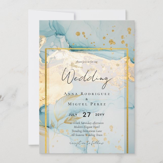 Beautiful Sea Glass Gold Wedding Invite Turquoise  (Front)