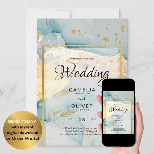 Beautiful Sea Glass Gold Wedding Invite Turquoise 