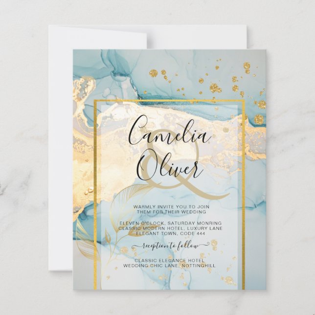 Beautiful Sea Glass Gold Wedding Invite Turquoise  (Front)