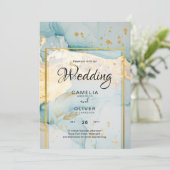 Beautiful Sea Glass Gold Wedding Invite Turquoise  (Standing Front)