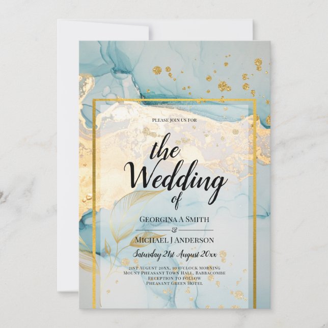 Beautiful Sea Glass Gold Wedding Invite Turquoise  (Front)