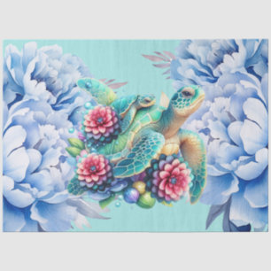 Beautiful Sea Turtles & Blue Peonies Decoupage Tissue Paper