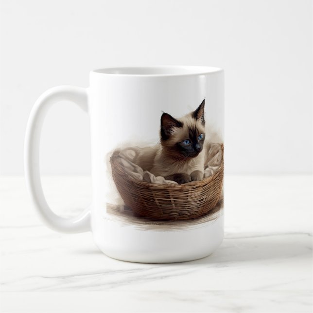 BEAUTIFUL SEAL POINT SIAMESE KITTEN IN BASKET COFFEE MUG (Left)
