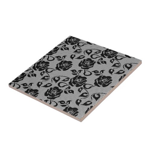 Beautiful Seamless Black and White Lace _ Roses Ceramic Tile