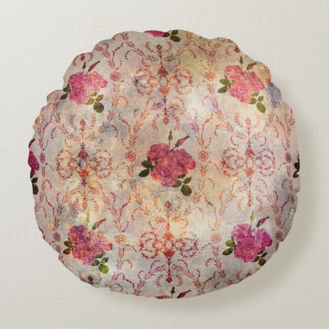 Beautiful seamless pink rose pattern grunge old st round pillow (Front)
