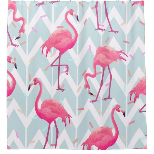 Beautiful seamless tropical pattern with pink flam shower curtain (Front)
