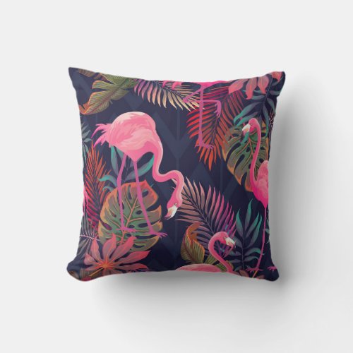 Beautiful seamless tropical pattern with pink flam throw pillow