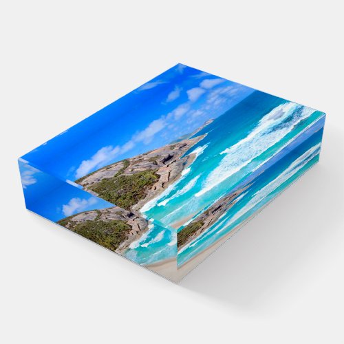 Beautiful Seascape Gentle Waves Rocks Blue sky Paperweight