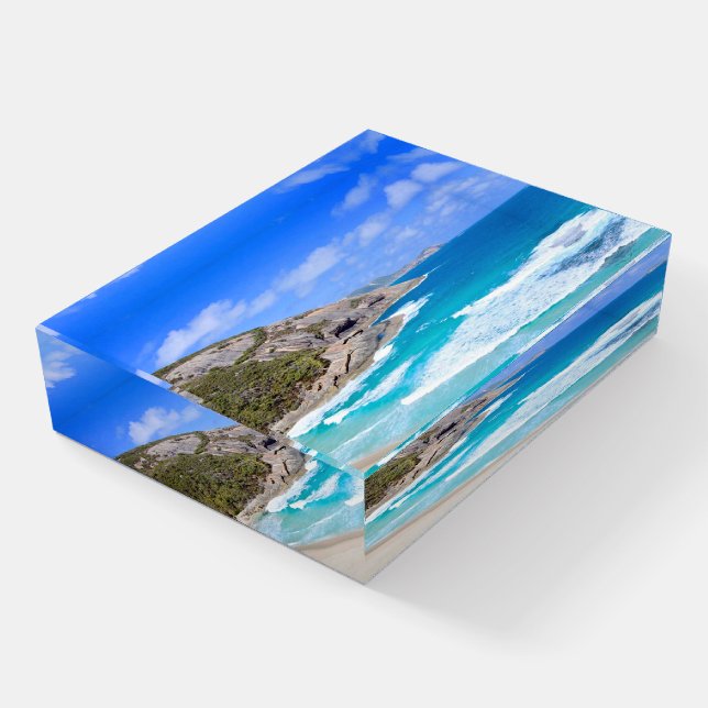 Beautiful Seascape Gentle Waves Rocks Blue sky Paperweight (Angled)