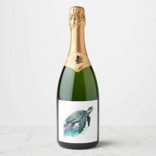 Beautiful Seascape With Majestic Sea Turtle Sparkling Wine Label