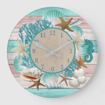Beautiful Seashell And Beach Design Large Clock by DesignsbyDonnaSiggy at Zazzle