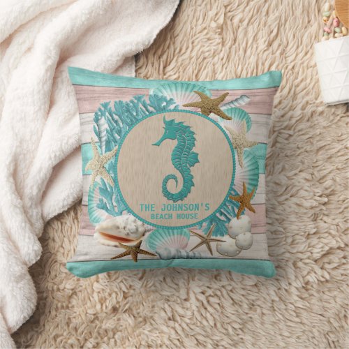 Beautiful Seashell and Seahorse Design Throw Pillow