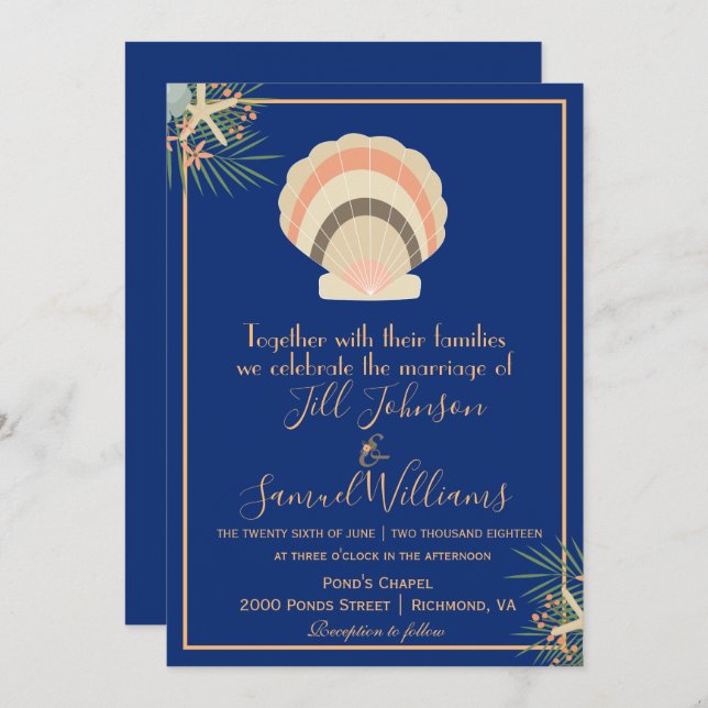 Beautiful Seashell Beach Theme Blue Wedding Invitation (Front/Back)