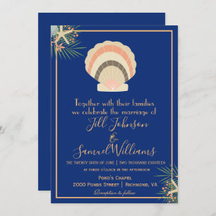 Beautiful Seashell Beach Theme Blue Wedding Invitation