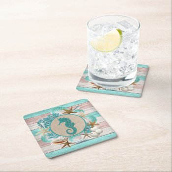 Beautiful Seashell & Seahorse Design Square Paper Coaster by DesignsbyDonnaSiggy at Zazzle