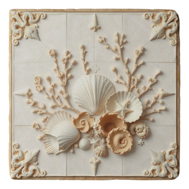 Beautiful seashells and corals inspired elegant trivet (Front)
