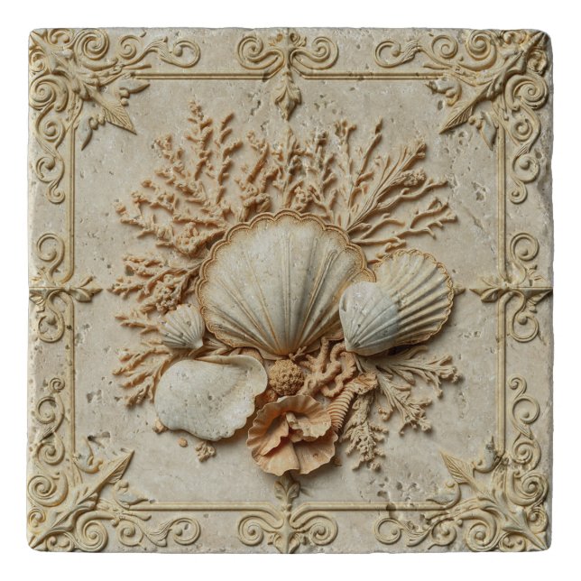 Beautiful seashells and corals inspired elegant trivet (Front)