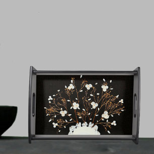 Beautiful Seashells Floral Bouquet Dramatic Wood Serving Tray