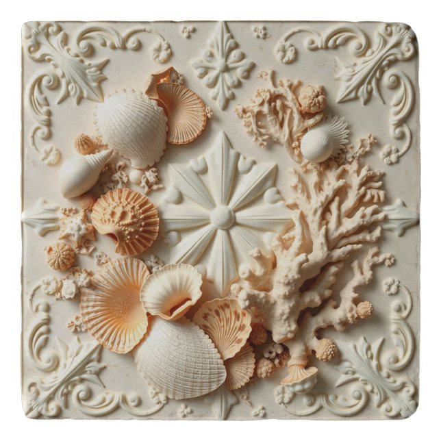 Beautiful seashells red corals inspired elegant trivet (Front)