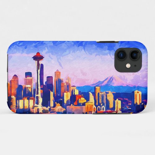 Beautiful Seattle Skyline Sunset Colors Watercolor iPhone 11 Case