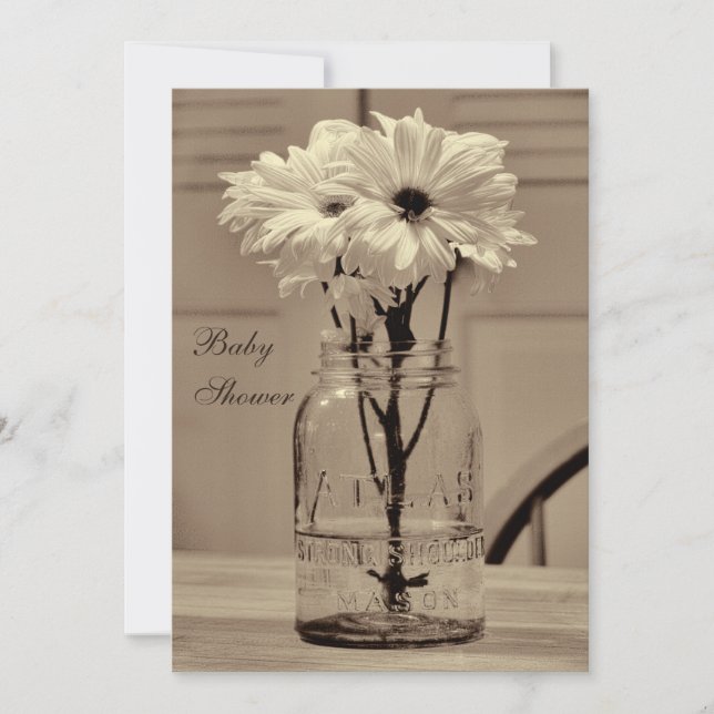 Beautiful Sepia Mason Jar & Daisies Baby Shower Invitation (Front)