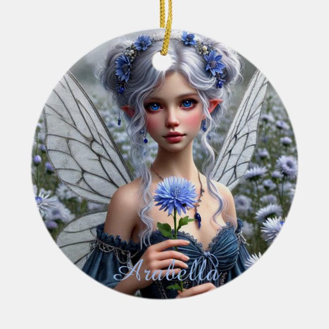 Beautiful September Fairy in Asters Ceramic Ornament (Front)