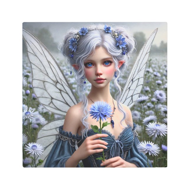 Beautiful September Fairy in Asters Metal Print (Front)