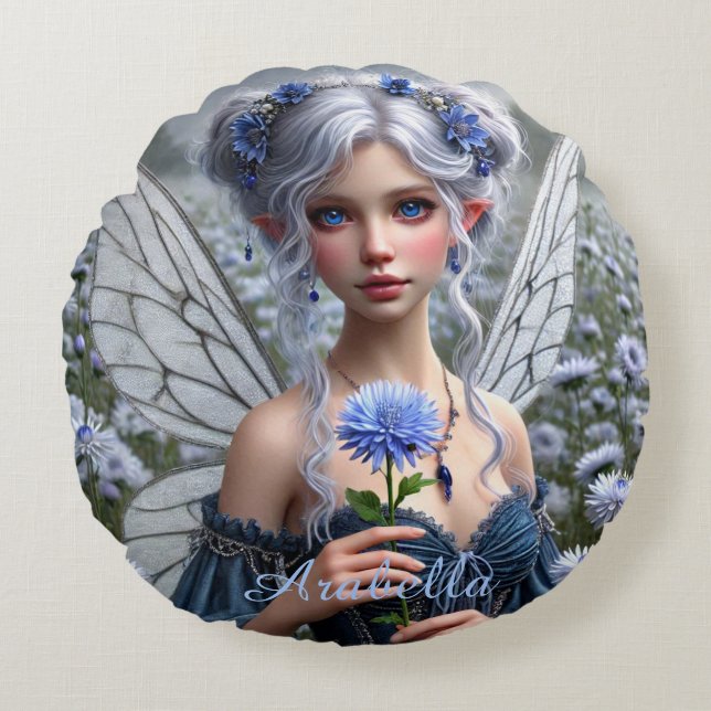 Beautiful September Fairy in Asters Round Pillow (Front)