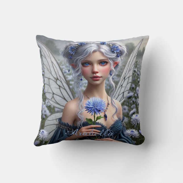 Beautiful September Fairy in Asters Throw Pillow (Back)
