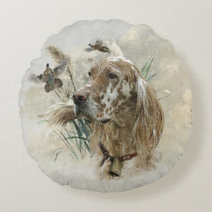 Beautiful Setter with Pheasants , Art Round Pillow