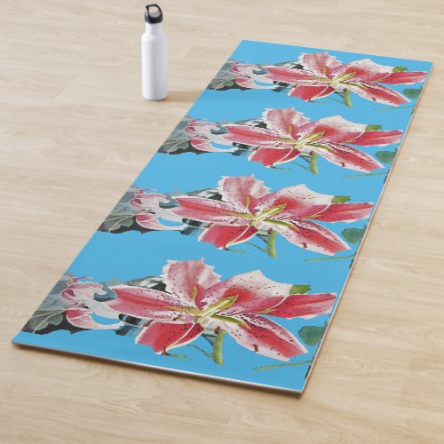 Beautiful Shabby Blue Red Lily Floral Yoga Mat