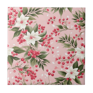 Beautiful Shabby Chic Pink Christmas Floral Berry Ceramic Tile