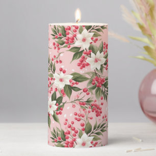 Beautiful Shabby Chic Pink Christmas Floral Berry Pillar Candle