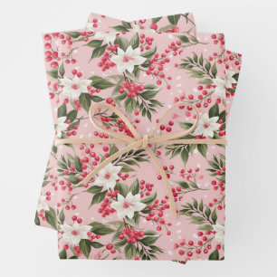 Beautiful Shabby Chic Pink Christmas Floral Berry Wrapping Paper Sheets