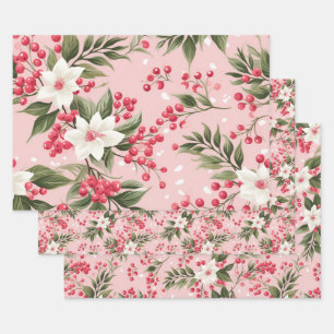 Beautiful Shabby Chic Pink Christmas Floral Berry Wrapping Paper Sheets