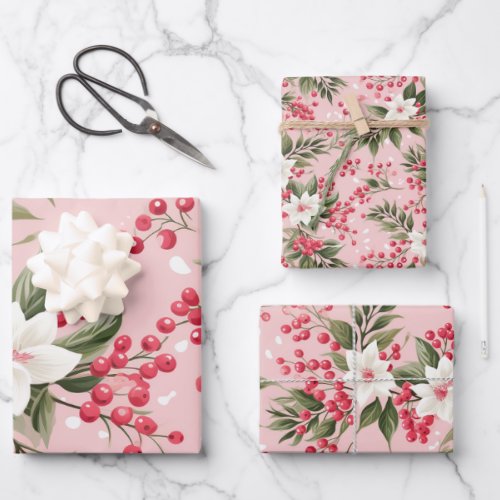 Beautiful Shabby Chic Pink Christmas Floral Berry Wrapping Paper Sheets