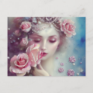 Beautiful Shabby Chic Vintage Pearly Roses Girl Postcard