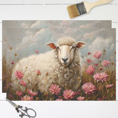 Beautiful Sheep Pink Wildflower Field Decoupage Tissue Paper