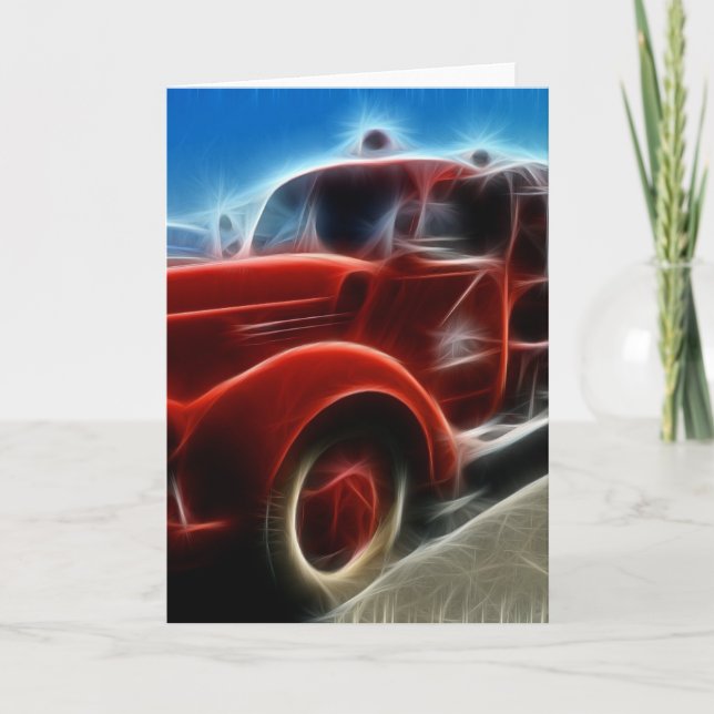 Beautiful Shiny Antique Red Fire Truck Card (Front)