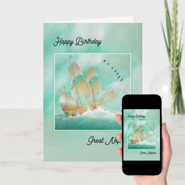 Beautiful Ship on High Seas for Great Nephew Card | Zazzle