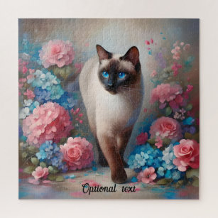 Beautiful Siamese Cat and Flowers Jigsaw Puzzle